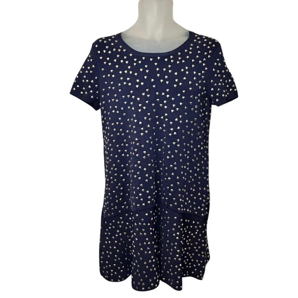 $350 MICHAEL KORS‎ Navy Knit Dress With Gold Heart Studs Size L 10- 12 NEW!
